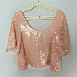 NEW $98 Free People Peach Pink Sequin Oversized Crop Top Tee *308
